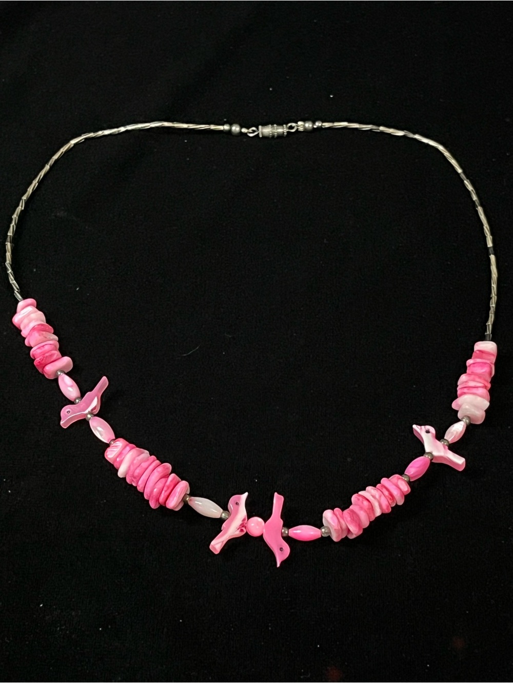 Vintage Zuni Style Liquid Silver Pink Shell Bird Fetish Necklace 1743